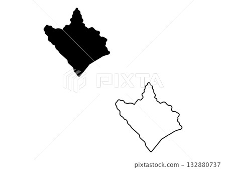This image features a distinct blocky black silhouette and its corresponding outline for geographical representation This image features a distinct blocky black silhouette and its corresponding outline for geographical representation 132880737