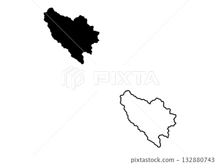 This image displays a rounded black silhouette with bumpy edges and its accurate outline map for regional representation 132880743