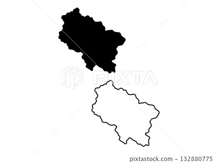 Solid black shape and clear outline of the Indian state of Uttarakhand presented against a pure white background 132880775