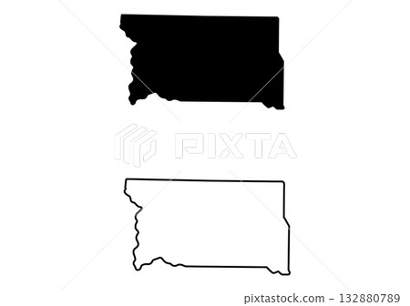 Rectangular black silhouette and matching outline of a defined land region on a crisp white background 132880789
