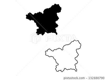 Presented here are two identical irregular landmass outlines, one filled in black and the other as a clear border 132880790