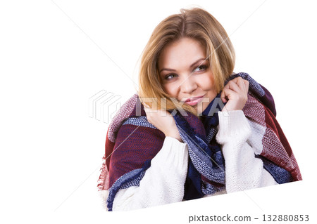 Woman wearing warm scarf Woman wearing warm scarf 132880853