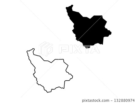 Bold black silhouette and matching white outline show an angular, somewhat pentagonal land territory shape Bold black silhouette and matching white outline show an angular, somewhat pentagonal land territory shape 132880974