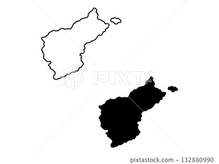 Black silhouette and white outline display an irregular narrow landmass form with a smaller detached island shape Black silhouette and white outline display an irregular narrow landmass form with a smaller detached island shape 132880990