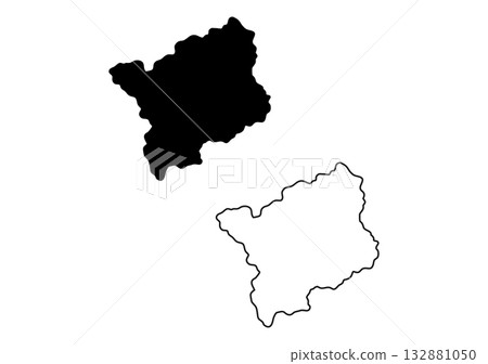 Generic rounded black silhouette alongside its matching outline portraying a undefined geographical territory on white 132881050