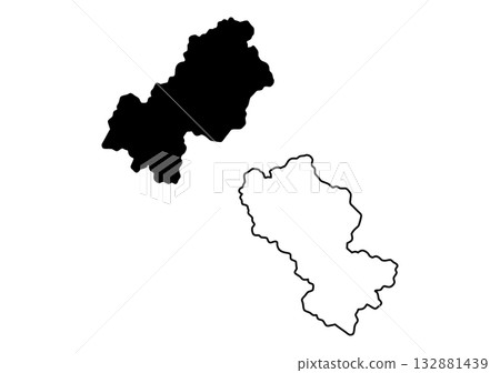 Irregular black map silhouette and its precise outline displayed on a clear bright white surface 132881439