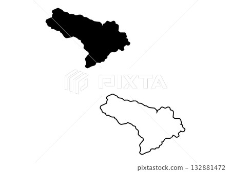 Geographic representation shows a black filled map and its precise linear outline against white space 132881472
