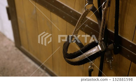 Leather horse halter hanging on wooden stable door Leather horse halter hanging on wooden stable door 132881598