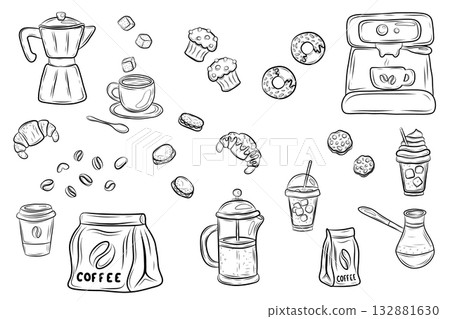 Coffee time doodle set with drinks and desserts 132881630