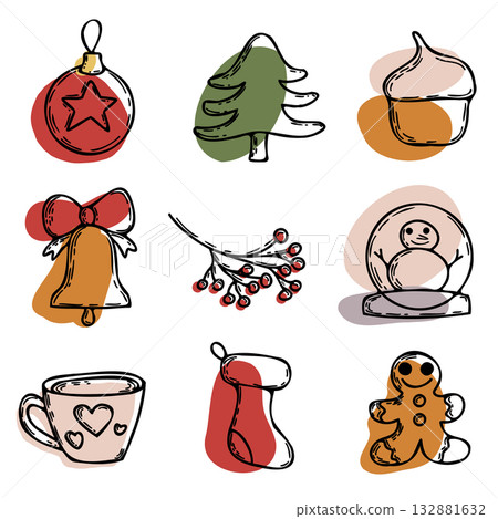 Christmas doodle icons set with modern color spots Christmas doodle icons set with modern color spots 132881632