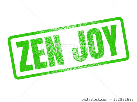 A distinctive green textured rubber stamp prominently features the harmonious words ZEN JOY on a white field A distinctive green textured rubber stamp prominently features the harmonious words ZEN JOY on a white field 132881682