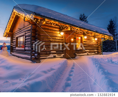A log cabin and snowman decorated with illuminations in a snowy landscape A log cabin and snowman decorated with illuminations in a snowy landscape 132881914