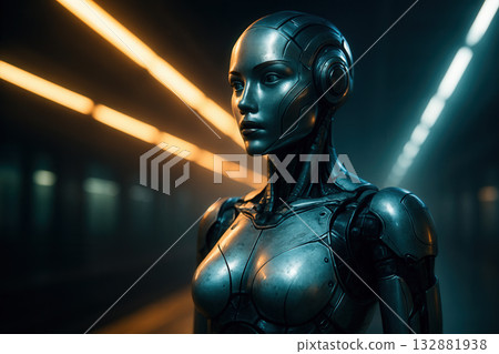 Metallic Android On Futuristic Metro Platform Metallic Android On Futuristic Metro Platform 132881938