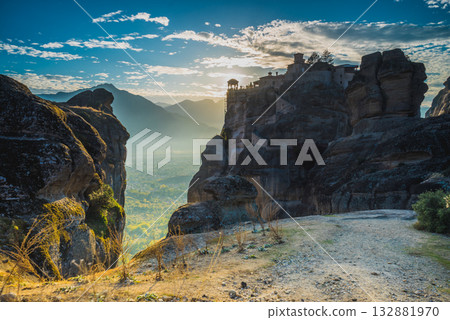 Sunset over Varlaam monastery in Meteora, Greece 132881970