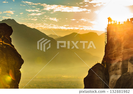 Sunset over Varlaam monastery in Meteora, Greece Sunset over Varlaam monastery in Meteora, Greece 132881982