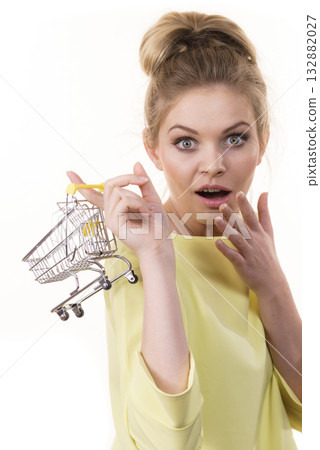 Woman holding small shopping cart 132882027