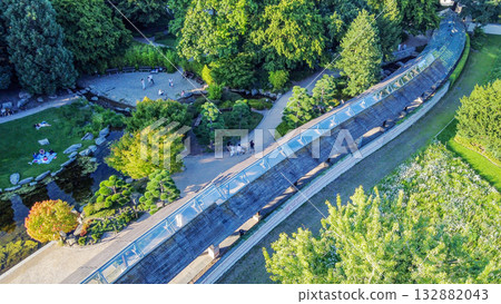 PArt of Japanese garden , blurred motion people and pedestrian passage in Hamburg 132882043