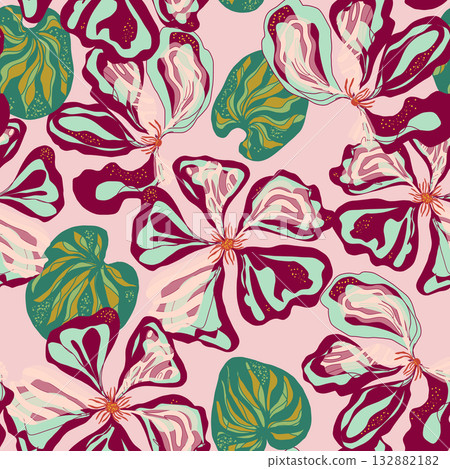 seamless pattern with tropical plants and flowers 132882182