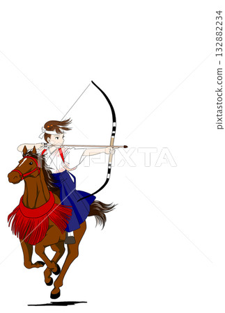 新年賀卡素材：挑戰流鏑馬（騎射）的女孩 - 直式版 132882234