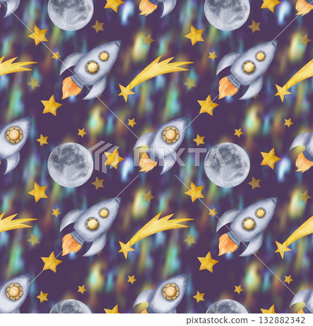 Beautiful dark gray seamless pattern with space rockets, spaceships, stars, full Moon and nebula, night sky space background 132882342