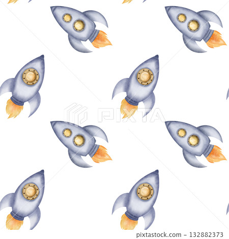 Beautiful gray space rockets, spaceships on white background, seamless pattern. Watercolor digital illustration 132882373