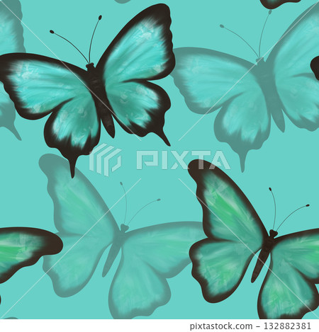 Delicate blue and green butterflies on a green background, seamless pattern 132882381