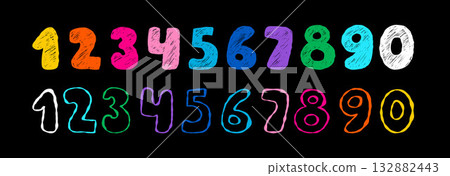 Bright Chalk Numbers set. Crayon Textured and Outline Handwritten multicolored Signs on Black. Isolated hand drawn doodles for design. Vector illustration. Not AI Bright Chalk Numbers set. Crayon Textured and Outline Handwritten multicolored Signs on Black. Isolated hand drawn doodles for design. Vector illustration. Not AI 132882443