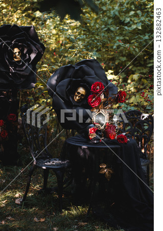 Haunted Garden Scene with Oversized Black Flowers and Red Roses Haunted Garden Scene with Oversized Black Flowers and Red Roses 132882463