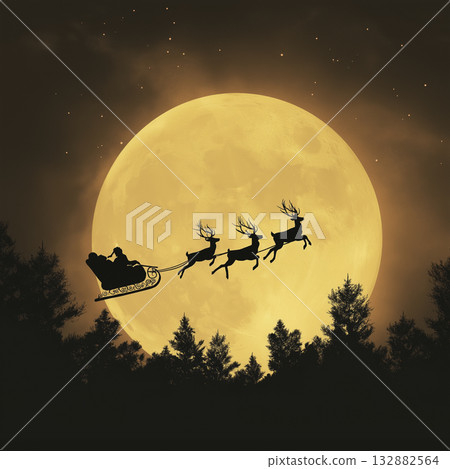 Sleigh reindeer moon night forest silhouette santa flight magic festive winter 132882564