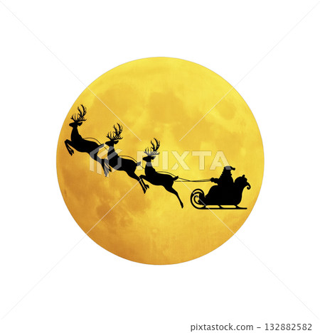 Santa silhouette sleigh and reindeer flying across full yellow moon at night, festive magical holiday scene with joyful atmosphere Santa silhouette sleigh and reindeer flying across full yellow moon at night, festive magical holiday scene with joyful atmosphere 132882582