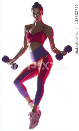 Athletic woman lifting dumbbell in dynamic jump, sport leggings, fitness bra, pink sneakers, strong pose, red light glow, studio silhouette 132882756