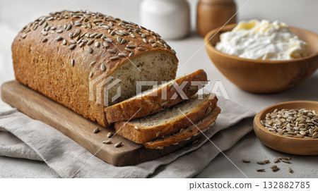 Seeded bread whole wheat loaf sunflower seed topping sliced bread rustic crust soft crumb artisan bakery natural light wooden board linen cloth Seeded bread whole wheat loaf sunflower seed topping sliced bread rustic crust soft crumb artisan bakery natural light wooden board linen cloth 132882785