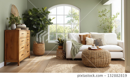 Sage green wall light wood floor white sofa woven ottoman rattan basket indoor plant large window natural light calm living room 132882819