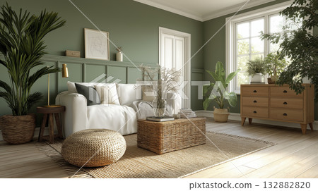 Sage green living room light wood floor white sofa rattan coffee table indoor plants natural light cozy minimalist style Sage green living room light wood floor white sofa rattan coffee table indoor plants natural light cozy minimalist style 132882820