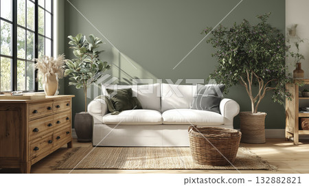 Sage green wall light wood floor white sofa natural light indoor plant woven basket jute rug cozy living room minimalist decor Scandinavian style 132882821