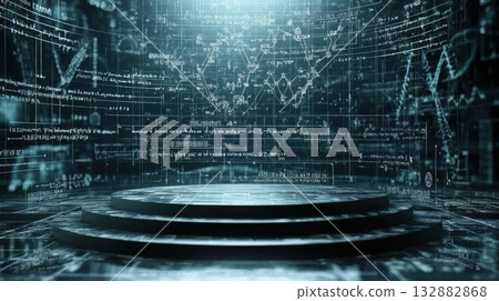 Futuristic stage with digital formulas and data visualization background for science presentation Futuristic stage with digital formulas and data visualization background for science presentation 132882868
