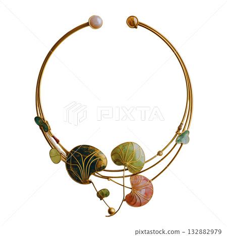 Art nouveau necklace gold wire enamel pendant seashell motif gemstone accent elegant jewelry handcrafted vintage style nature inspired decorative 132882979