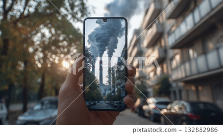 Hand holding smartphone industrial smoke air pollution urban street climate change environmental impact factory chimneys smog modern technology Hand holding smartphone industrial smoke air pollution urban street climate change environmental impact factory chimneys smog modern technology 132882986