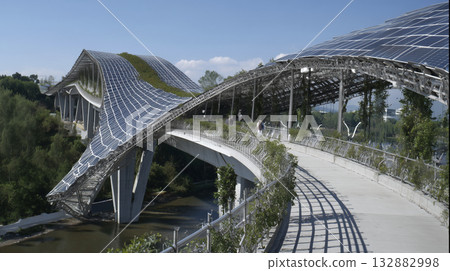 Solar bridge eco architecture green roof sustainable design curved walkway modern structure metal frame river sunny day Solar bridge eco architecture green roof sustainable design curved walkway modern structure metal frame river sunny day 132882998