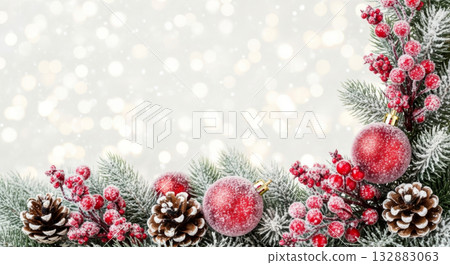 Christmas and New Year background with fir tree, snow, red baubles, and pine cones on bokeh backdrop. Christmas and New Year background with fir tree, snow, red baubles, and pine cones on bokeh backdrop. 132883063