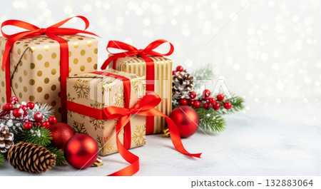 Christmas gift boxes with red ribbon bows, pine cones, and festive decorations on a light winter background with bokeh. 132883064