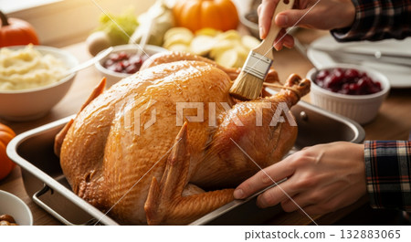 Hands basting a traditional roast turkey with butter or glaze, preparing for a festive Thanksgiving dinner or holiday meal. 132883065