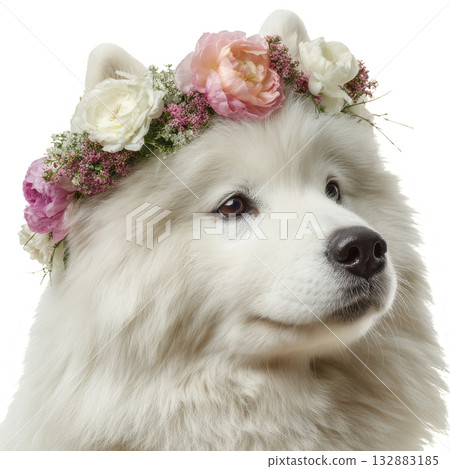Happy Samoyed Dog Wearing a Flower Crown in a Cheerful Setting. 132883185