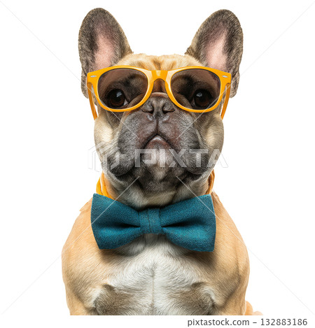 Happy Dog Wearing a Red Bowtie Sits Proudly With a Cheerful Expression in a Bright Setting. 132883186