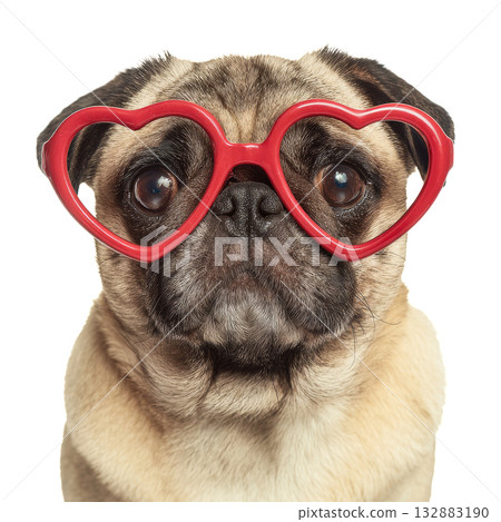 Pug Wearing Heart-Shaped Glasses Shows off Cute Personality in a Fun Setting 132883190
