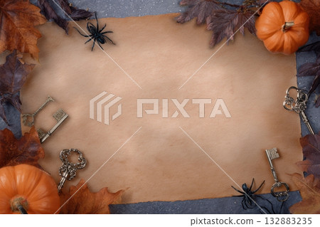 Atmospheric autumn flat lay in Halloween style for October design templates 132883235