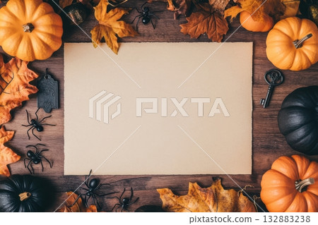 Halloween flat lay with parchment, garland, pumpkins, and spooky props for seasonal design projects Halloween flat lay with parchment, garland, pumpkins, and spooky props for seasonal design projects 132883238