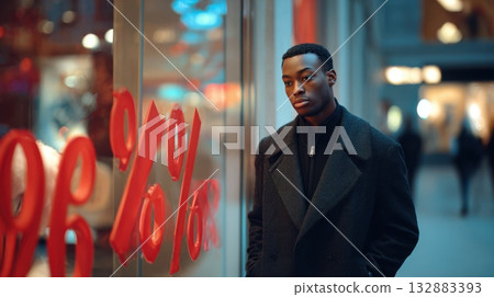 Stylish Black Man in Dark Wool Coat Walking Past Store Window with Red Percentage Signs and Evening City Reflections, Black Friday Urban Photography Stylish Black Man in Dark Wool Coat Walking Past Store Window with Red Percentage Signs and Evening City Reflections, Black Friday Urban Photography 132883393