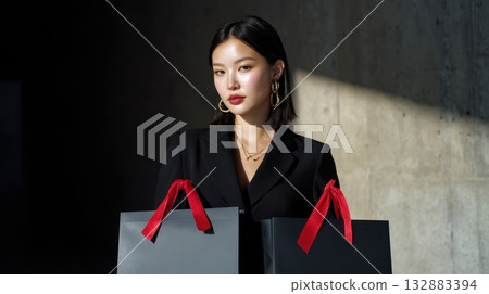Minimalist commercial photo featuring black shopping bags and red details, designed for high-impact marketing and holiday sale visuals 132883394