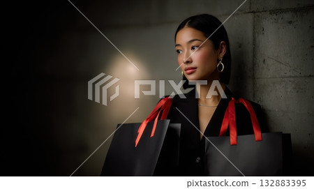 Minimalist commercial photo featuring black shopping bags and red details, designed for high-impact marketing and holiday sale visuals 132883395